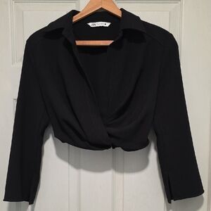 Zara  Cropped Black  Faux Wrap Blouse